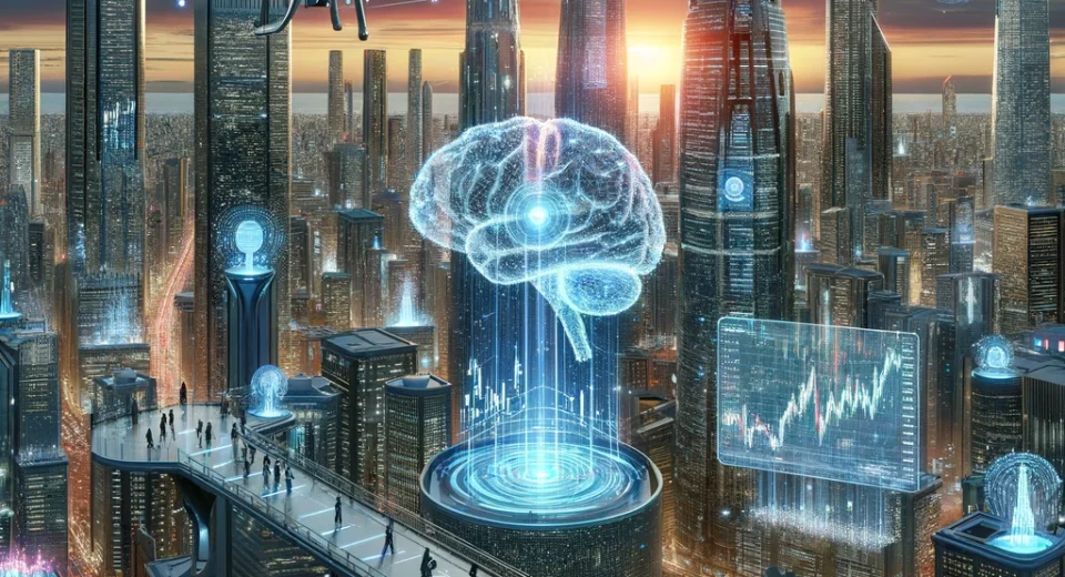 Illustrate a futuristic cityscape where artificial intelligence has transformed financial markets. The scene is set at dusk, with the skyline dominate