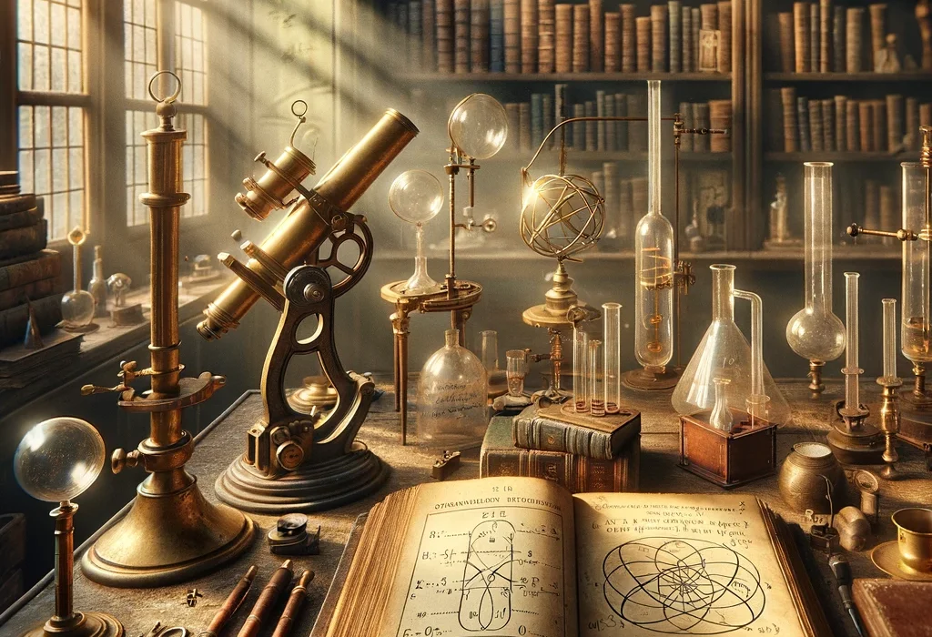 Imagine a scene in a vintage Italian laboratory, filled with antique scientific instruments_ brass telescopes, leather-bound books, and glass tubes. A