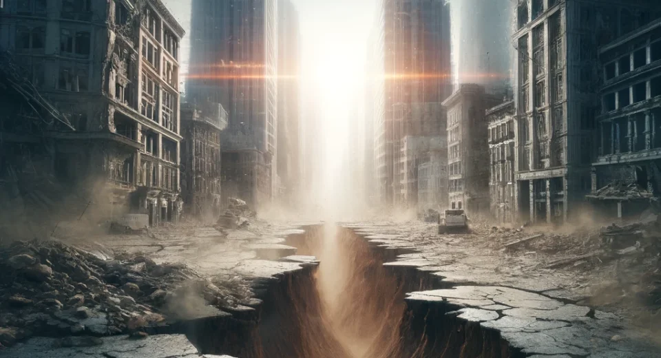 A powerful and dramatic representation of an earthquake's aftermath. The scene unfolds in a devastated urban area, with cracked roads and collapsed bu