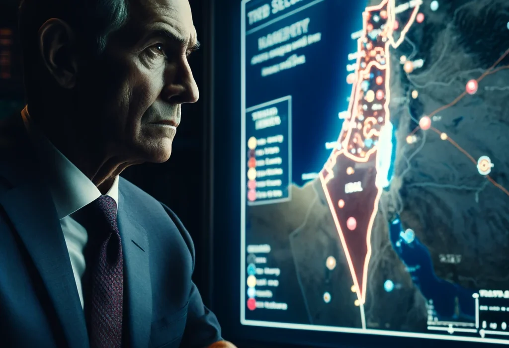 A serious and focused former intelligence chief of Israel, wearing a suit and looking at a strategic map on a digital screen that outlines potential s