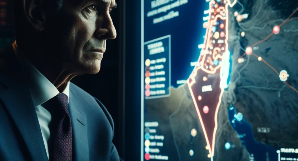 A serious and focused former intelligence chief of Israel, wearing a suit and looking at a strategic map on a digital screen that outlines potential s