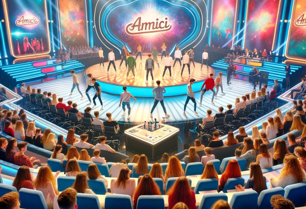 A vibrant and energetic television studio set, bustling with young aspiring dancers and singers practicing their routines. The atmosphere is filled wi