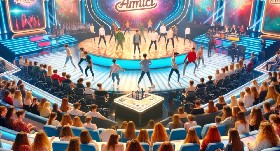 A vibrant and energetic television studio set, bustling with young aspiring dancers and singers practicing their routines. The atmosphere is filled wi